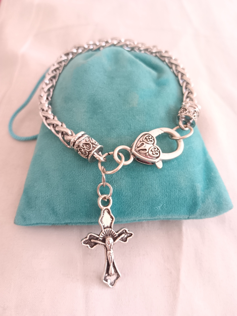 Silver Heart Clasp Cross Charm Bracelet - Silver